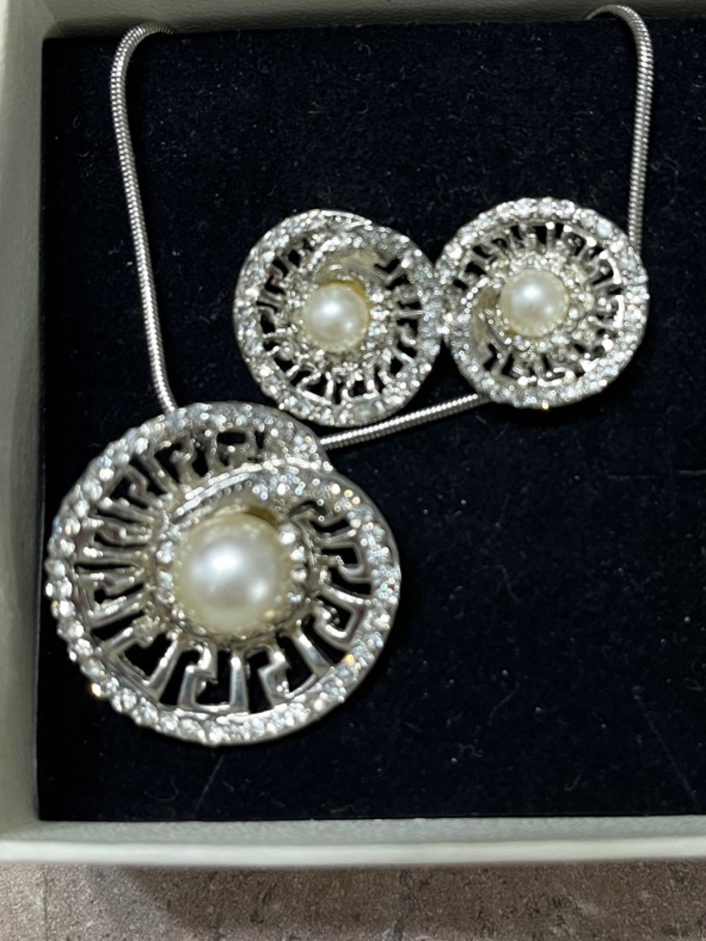 Silver Rhinestone and Pearl Accent Necklace and Earrings Set